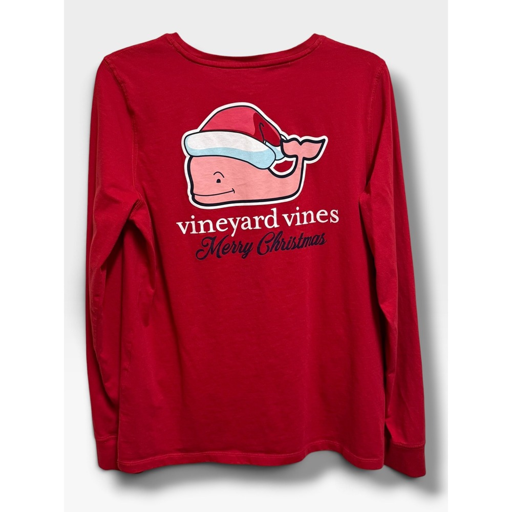 Vineyard Vines Womens Santa Whale Merry Christmas Long Sleeve Pocket Tee Red M